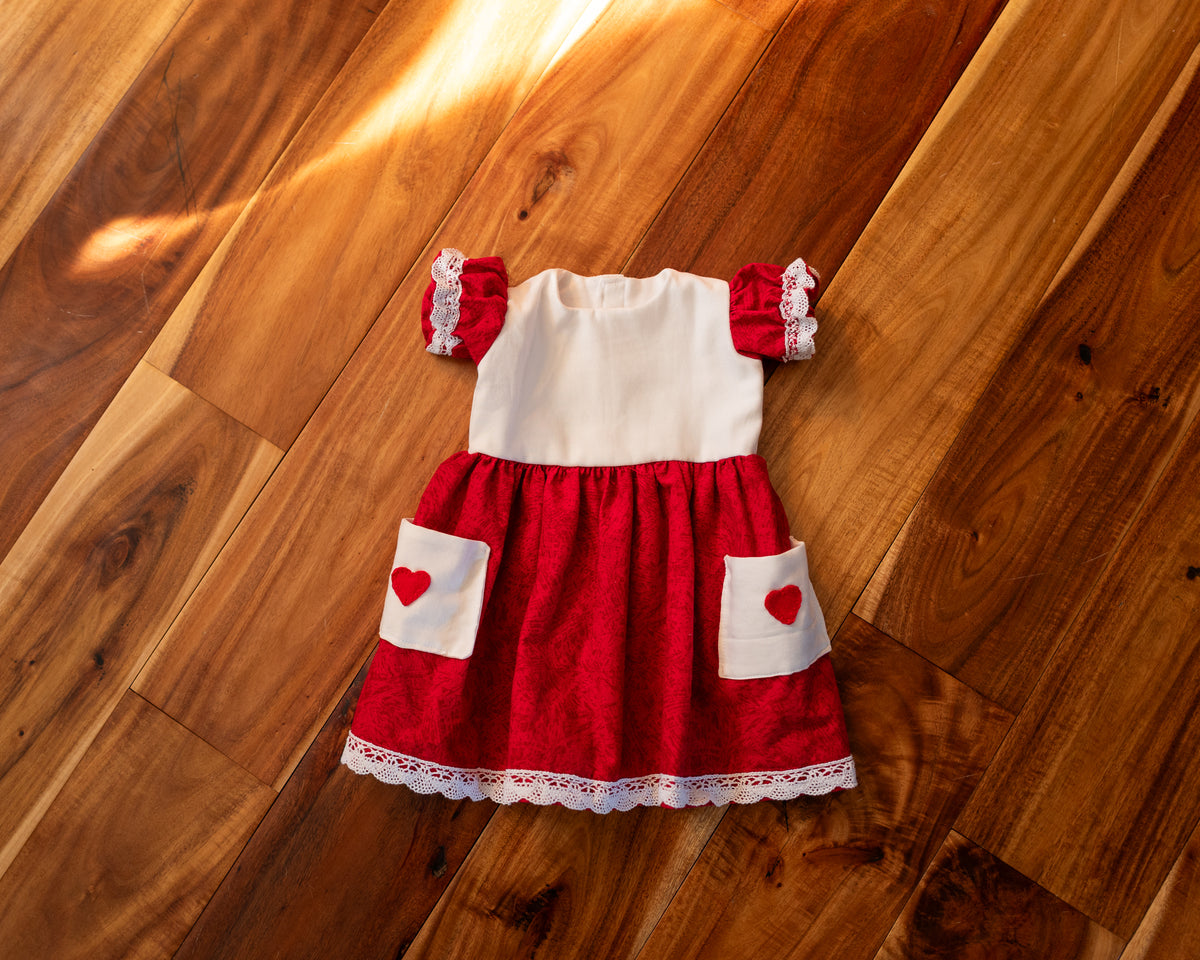 Cotton Red Dress with Short Sleeve, Wool Heart Applique and Cotton Trims