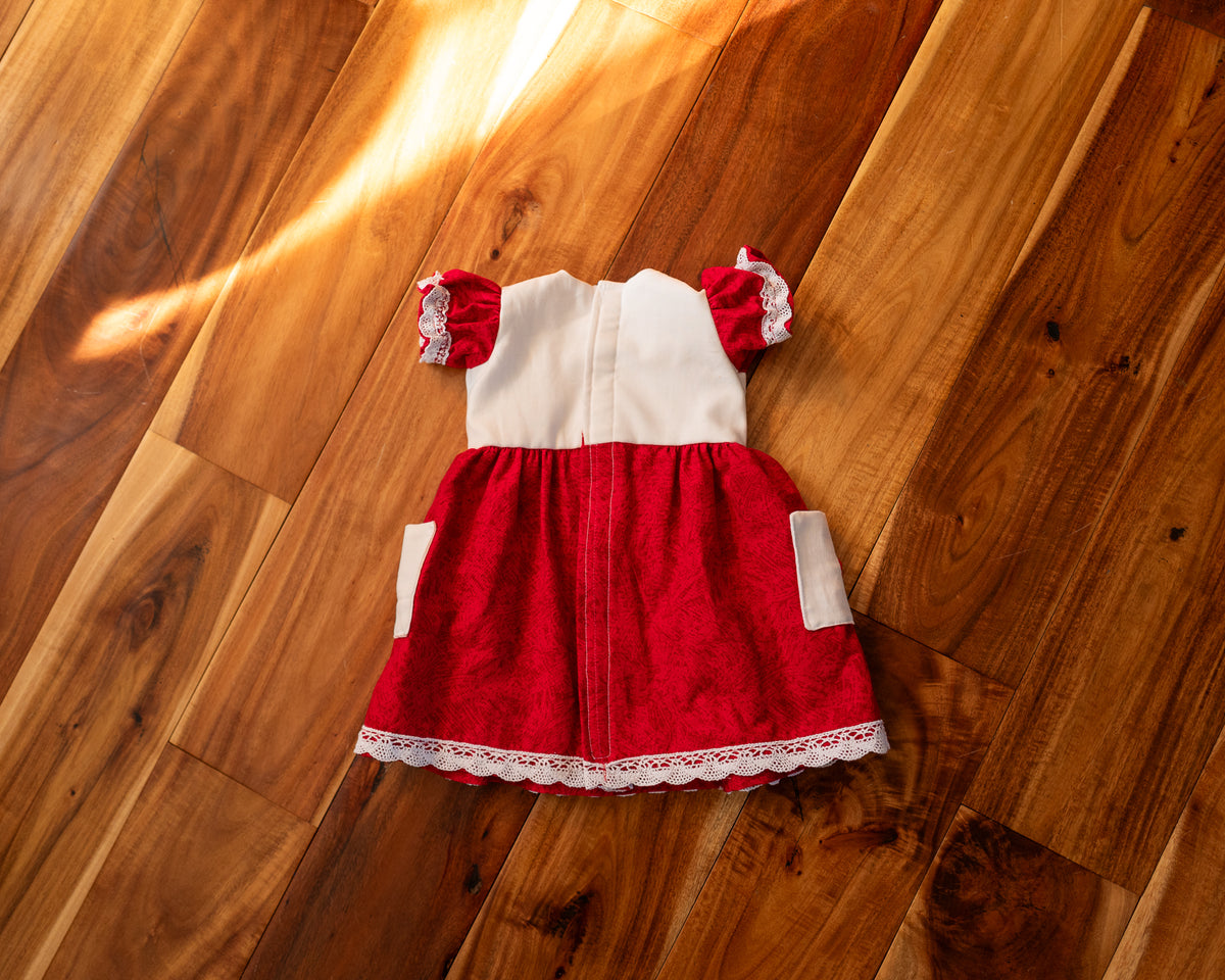 Cotton Red Dress with Short Sleeve, Wool Heart Applique and Cotton Trims